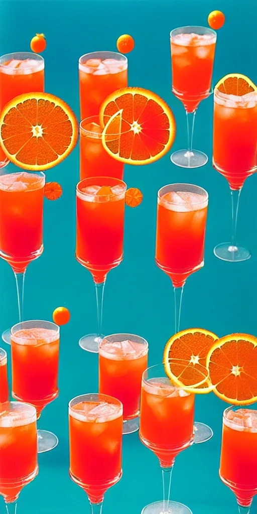 Prompt: a seamless repeating pattern of campari cocktails and oranges, colourful, symmetrical, repeating 3 5 mm photography, in the style of toiletpaper magazine, surreal, high detail, photograph by slim aarons, wes anderson,