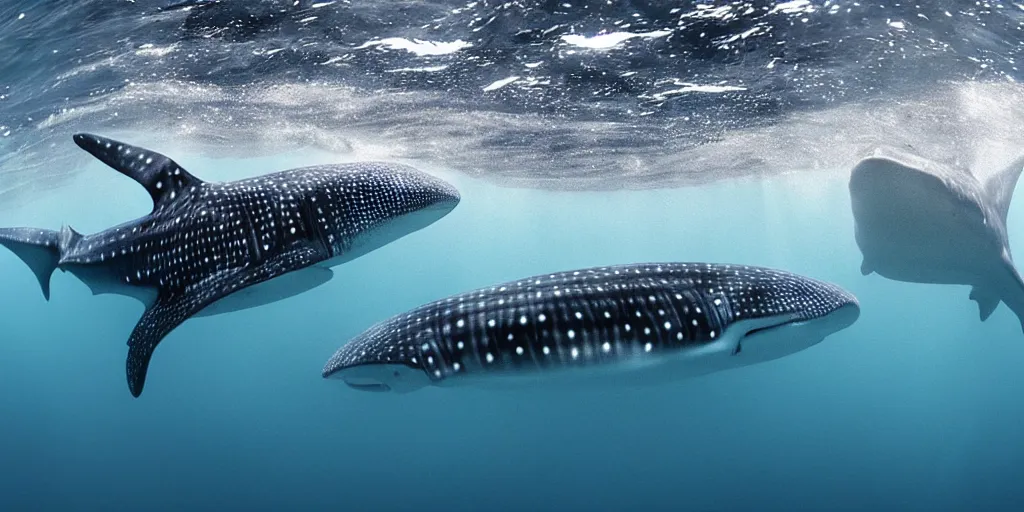 Prompt: hyperrealistic underwater photography, panoramic picture of an ocean floor with in the distance some whale sharks. focus on the sharks. the sharks are anatomically correct and highly detailed. the shark's eyes are intricately detailed. there are lots of bubbles. seaweed and some rocks. gloomy scattered light entering from the water surface, trending on artstation, hq, 4 k