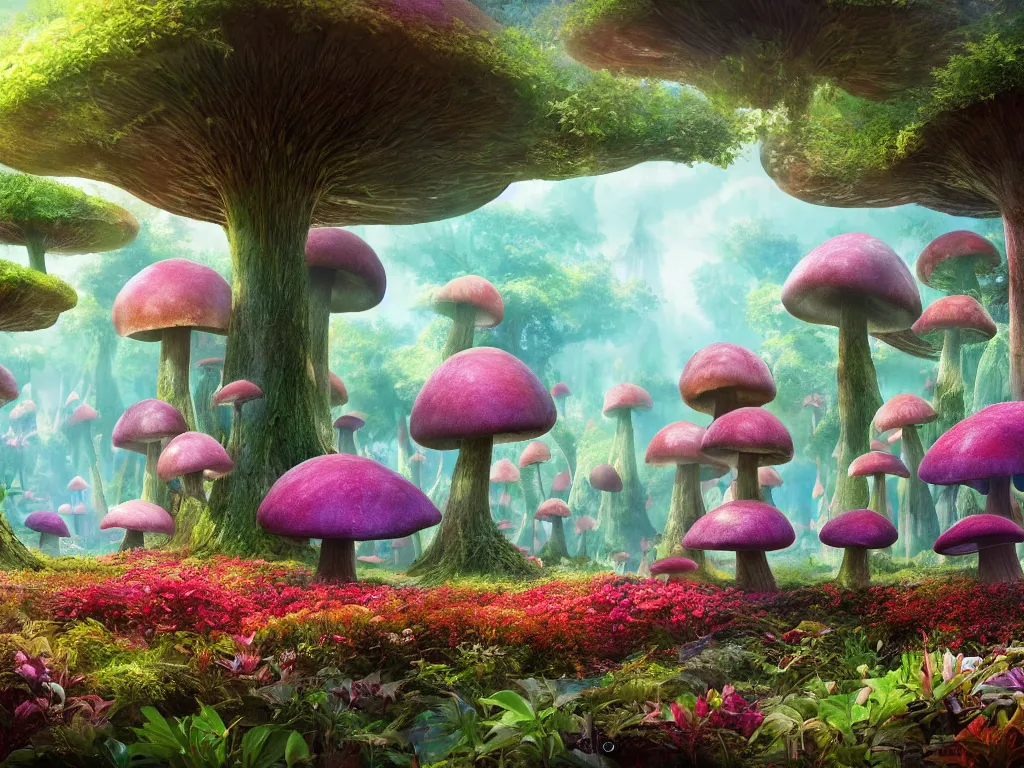 Image similar to a beautiful otherworldly fantasy landscape of giant mushroom trees forming canopies over bright colorful mythical floral plants, like alice in wonderland, rendering, cryengine, deep color, vray render, cinema 4 d, cgsociety, bioluminescent