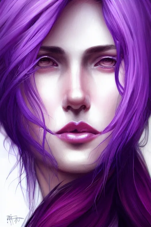 Image similar to Purple hair, creative colouring Portrait of woman face profile, fashion, coloured strands of hair, intricate, elegant, highly detailed, digital painting, artstation, concept art, smooth, sharp focus, illustration, art by artgerm and greg rutkowski and alphonse mucha, 8k