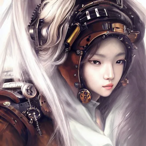 Prompt: portrait of a girl by ayami kojima, mixture between korean and thai, she is about 2 0 years old, long and straight white hair, petite and athletic, she is wearing a steampunk tactical gear, highly detailed portrait, digital painting, artstation, concept art, smooth, sharp foccus ilustration, artstation hq