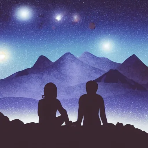 Image similar to a beautiful landscape showing mountains, stars and galaxies in the background. The silhouet of a young couple sits in the foreground, anime style