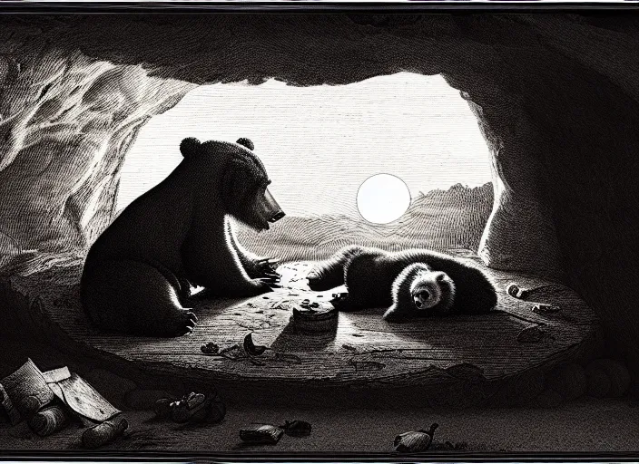 Image similar to Pieter Claesz's 'a bear and her cub sleeping in a dark cave, lit by hole in roof', night time, cross hatching, backlit, beautiful wooden frame, monochrome, colours of the sunset