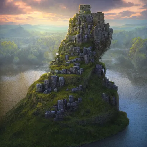 Image similar to aerial view of a stone fort sitting above a swamp in the sunset, dramatic lighting by alan lee by peter mohrbacher, trending on artstation sharp focus vfx key shot