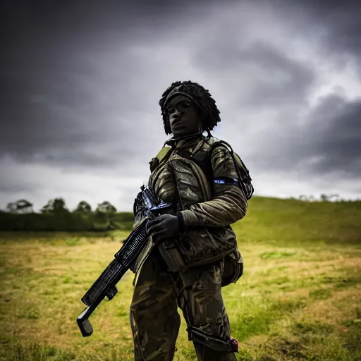 Prompt: Portrait of a black modern British army soldier in full gear carefully moving through enemy territory, photography, cinematic lighting, 4k, award-winning