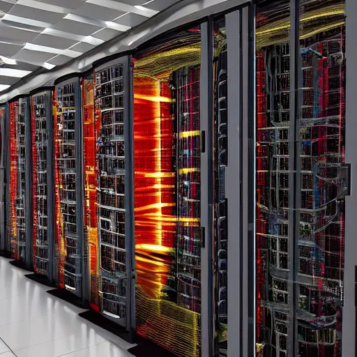 Image similar to a painting of inside of a high end data center that's caught fire!!!!!!!, fire on data center