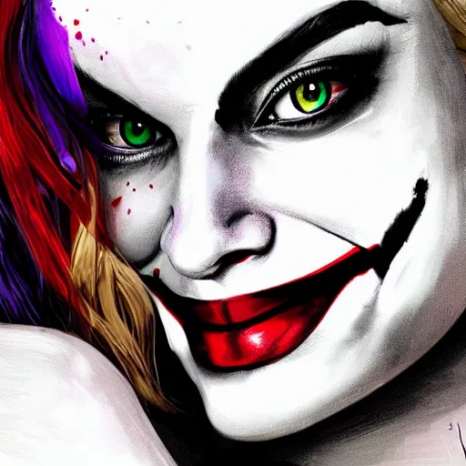 Image similar to Margot Robbie as Harley Quinn kissing the joker, highly detailed, digital painting, artstation, concept art, smooth, sharp focus, illustration, art by yoji shinakawa, black and white