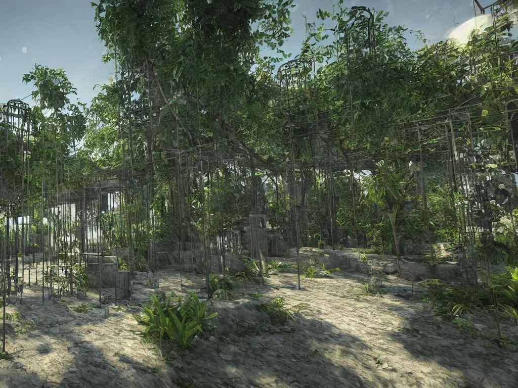 Image similar to a jungle made out of concrete. steel bars as vines, concrete beams for tree trunks, rubble, beautiful atmospheric lighting, sunlight beaming through open windows, small dust particles in the air. unreal engine 5, v - ray, 8 k, ultra hd, god rays.