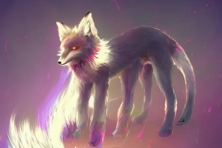 Image similar to a transhuman fox fursona with a fluffy tail in a cyberpunk city, trending on artstation, by kawacy, neon backlighting, furry art