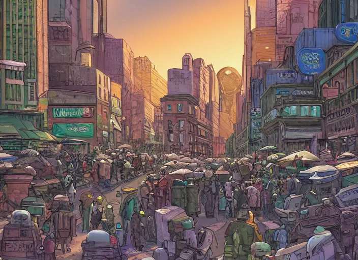 Prompt: close up view of a bustling city street on an alien planet by jeff darrow, earth and pastel colors, dramatic perspective