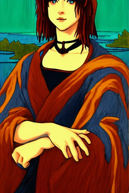 Image similar to portrait of rei ayanami from neon genesis evanglion in the style of the mona lisa painting