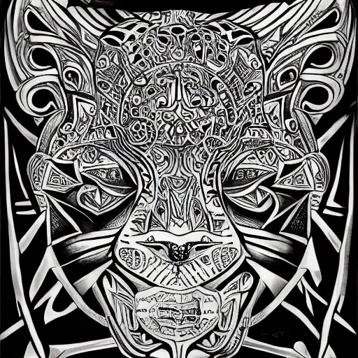 Prompt: jaguar head tattoodesign, sacred geometry, symmetrical, frontview, black and white, white background. very detailed ink drawing, fine lineart, extremely detailed