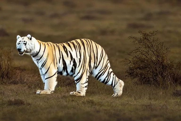 Image similar to a tiger polar bear!!! hybrid! hyper realistic!! realistic lighting!! wildlife photographer of the year!!! bold natural colors, national geographic, hd, wide angle, 8 k