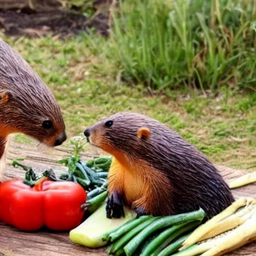 Image similar to real beaver and real duck sitting on vegetables