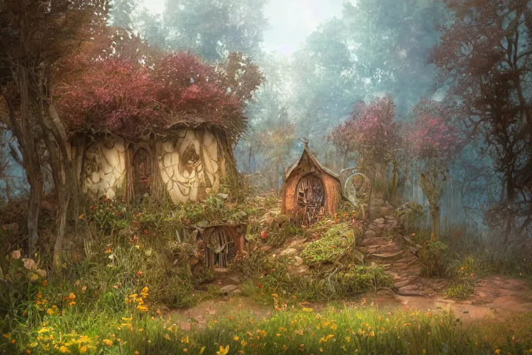 Image similar to wide angle view, a beautiful digital painting of a fairy house in plains, bright sunny day, woodline, magical, by greg rutkowski, brian froud, marc simonetti, jean - baptiste monge, mucha, symmetry, complementary colors, ink illustration, trending on artstation