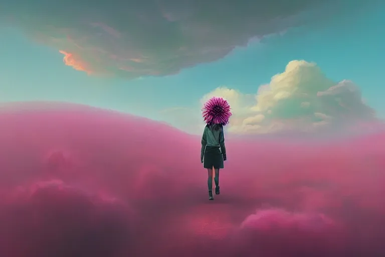 Prompt: giant dahlia flower under head, girl walking on mountain, surreal photography, pink storm clouds, dramatic light, impressionist painting, digital painting, artstation, simon stalenhag