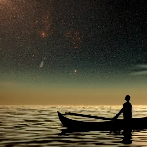 Image similar to A man rowing a boat through space, there are stars all around, photorealistic.