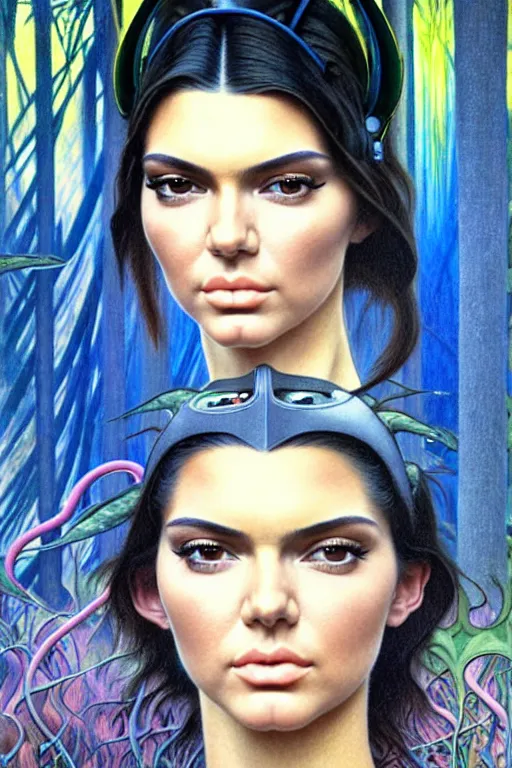 Prompt: realistic detailed face portrait painting of a beautiful kendall jenner with blond hair with sci-fi headwear, futuristic sci-fi forest on background by Jean Delville, Amano, Yves Tanguy, Alphonse Mucha, Edward Robert Hughes, Roger Dean, moebius, hilma af klint, rich moody colours, blue eyes