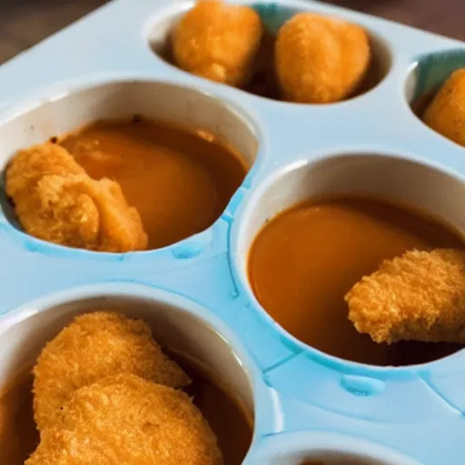 Prompt: chicken mcnugget buddies swimming in a dipping sauce cup