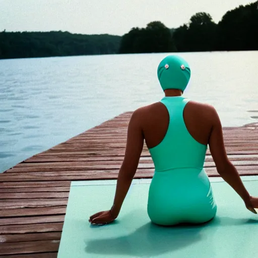 Image similar to a film photograph of a woman slender, wearing a mint green one-piece swimsuit, wearing a white bathing cap, sitting on a wooden dock, low angle and side profile, far shot, Kodak Portra 800, Kodak film photography