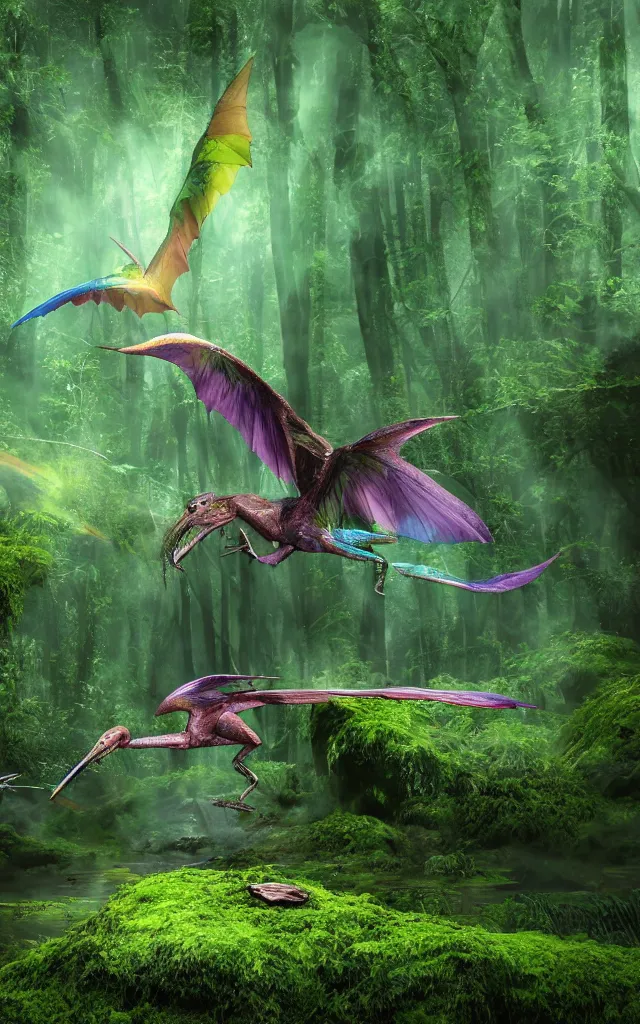 Image similar to iridiscent rainbow dim pterodactyl hunting an insect in a deep swamp, moss and mud, photography, 3d octane render