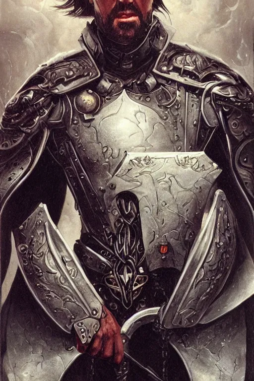 Image similar to !dream Nicholas Cage as a paladin, detailed fantasy art by Gerald Brom