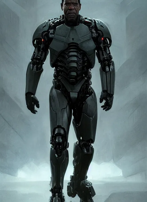 Image similar to denzel washington as victor stone, full body concept, cyborg, borg, strogg, face of a man, terminator, flesh, quake strogg, doom demon, wolfenstein, monstrous, powerful, symmetry, symmetrical, concept art by ruan jia and greg rutkowski