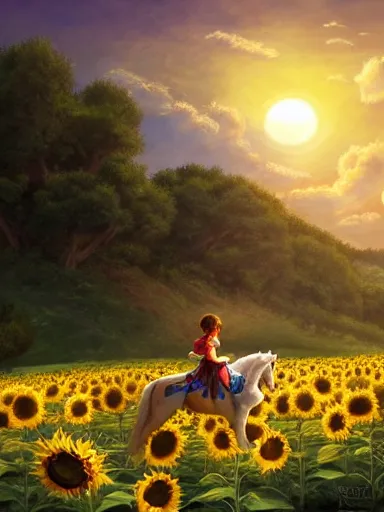 Image similar to a small happy greek todler, riding a white horse in a sunflower field, a giant sun in the background. intricate, elegant, highly detailed, digital painting, artstation, concept art, sharp focus, illustration, by justin gerard and artgerm, 8 k