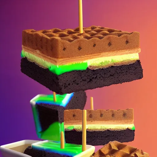 Image similar to a jello chocolate candy lollipop snickers bar icecream cake muffin jaffa marshmallow nougat waffle candy gummy jelly sandwich, volumetric lighting, octane render, unreal engine, 8k, hd food photography, highly detailed, stroopwaffel