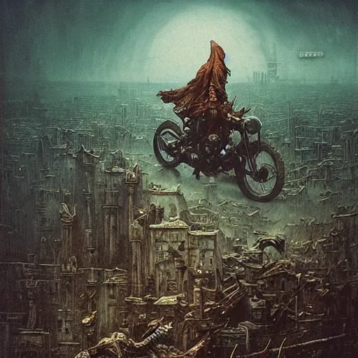 Image similar to epic wizard riding motorcycle through zombie infested apocalyptic city, highly detailed beksinski art