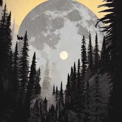 Image similar to rocky mountains at night, by ismail inceoglu, large full moon centered in the background, pine trees, digital art, illustration, detailed, spooky, gloomy, 8 k render