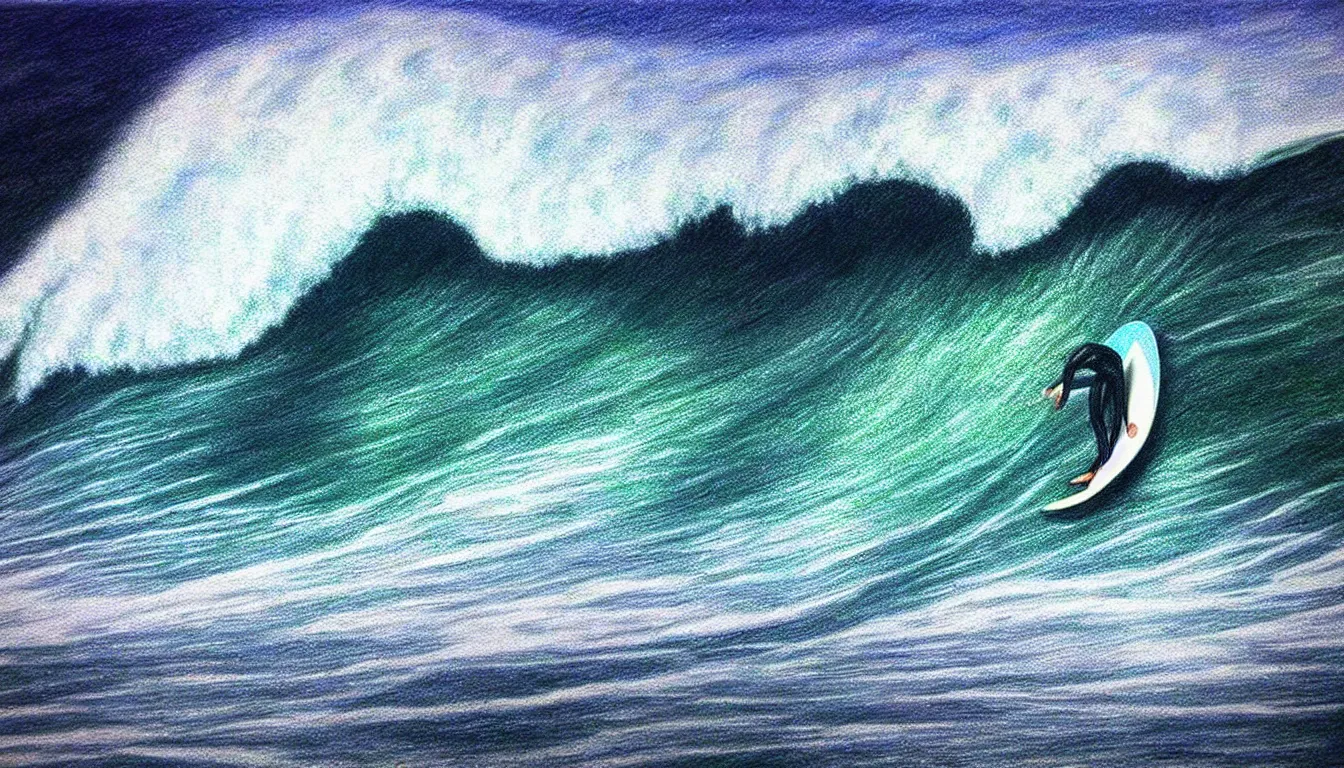 Image similar to surfing wave, photorealistic drawing, masterpiece