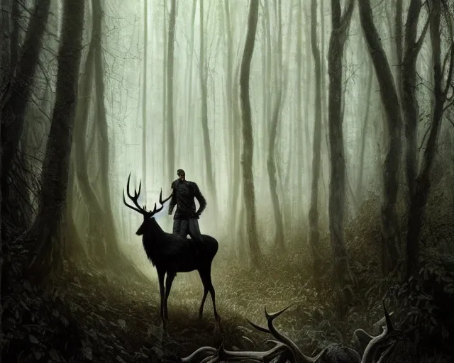 Image similar to 5 5 mm portrait photo of a man with pitch black skin, white eyes, and long antlers in a magical forest. magical atmosphere. art by greg rutkowski and luis royo. highly detailed 8 k. intricate. lifelike. soft light. nikon d 8 5 0.