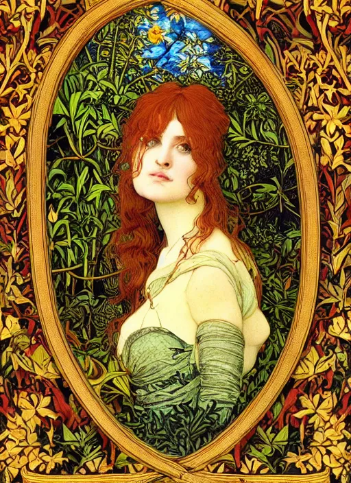Image similar to masterpiece beautiful seductive flowing curves pose preraphaelite portrait photography, extreme closeup shot, straight bangs, thick set features, yellow ochre ornate medieval dress, amongst foliage mushroom forest arch, circle, william morris and kilian eng and mucha, framed, 4 k