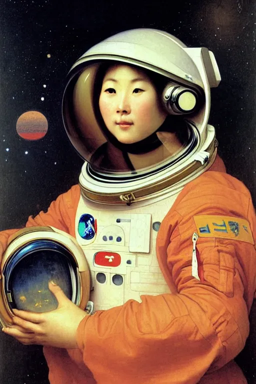 Image similar to portrait of a astronaut in astronaut closed helmet, chinese meticulous painting, by bouguereau