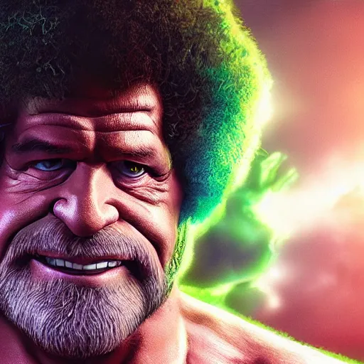 Image similar to photomanipulation of BOB ROSS as hulk with human flesh, marvel, fully detailed, volumetric lightening, octane render