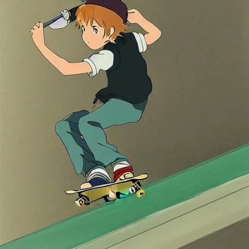 Prompt: a beautiful movie still in the style of Studio Ghibli anime showing a skateboarder grinding down a rail in high detail. The skater is a girl with green hair and she is waving spray paint can in the air. Studio Ghibli, trending on artstation, trending on behance