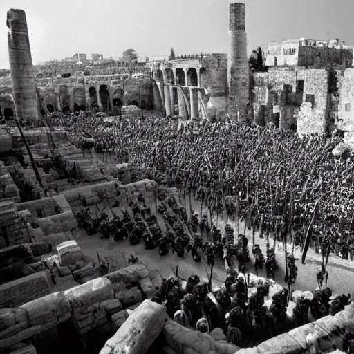 Prompt: king titus and his roman army legions attacking herods temple and the old jewish city in jerusalem. beautiful. epic framing. cinematic.