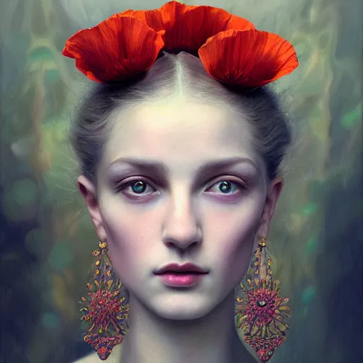 Image similar to portrait of a gorgeous young poppy queen, uniquely beautiful, surreal, fantasy, ornamental, intricate, elegant, dramatic lighting, emotionally evoking symbolic metaphor, highly detailed, lifelike, photorealistic, digital painting, artstation, concept art, smooth, sharp focus, illustration, art by John Collier and Krenz Cushart and Artem Demura and Alphonse Mucha and Albert Aublet