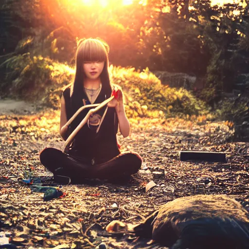 Prompt: photograph of Turkish otaku chewing on ground glass, creepy, golden hour, good vibes, apocalypse