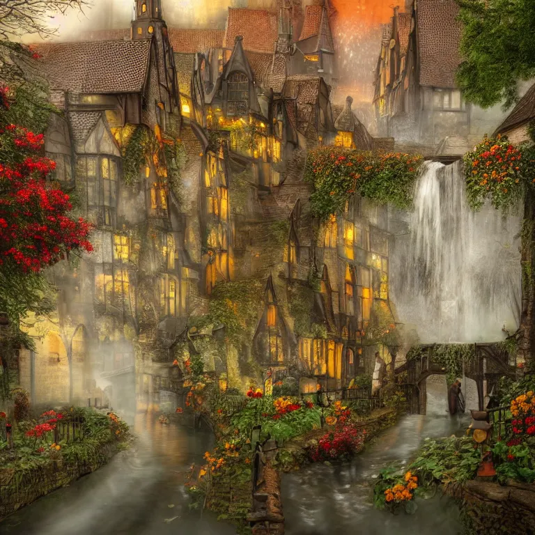 Prompt: medieval dutch village, ornate, beautiful, atmosphere, vibe, mist, smoke, chimney, rain, well, wet, pristine, puddles, red and yellow flowers, waterfall, melting, dripping, snow, creek, lush, ice, bridge, cart, orange, green, stained glass, forest, flowers, concept art illustration, color page, trending on artstation