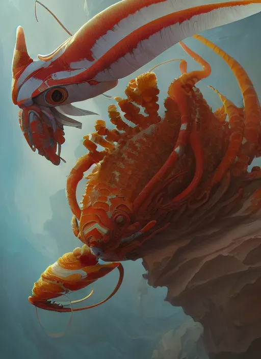 Prompt: subsurface scattering, white, giant insectoid sphinx, koi colors, vibrant colors, octane render, jesper ejsing, james jean, justin gerard, tomasz alen kopera, cgsociety, fenghua zhong, makoto shinkai, highly detailed, rim light, art, cinematic lighting, very coherent, hyper realism, 8 k