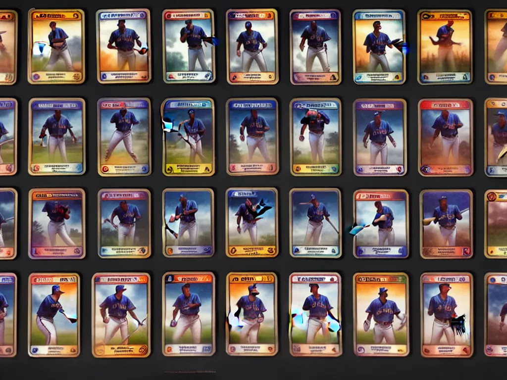 Prompt: multiple baseball cards of players that are dinosaurs gloomhaven, matte painting concept art, art nouveau, beautifully backlit, swirly vibrant color lines, fantastically gaudy, aesthetic octane render, 8 k hd resolution