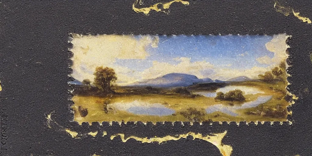 Image similar to melted material against a romantic painting of a landscape, on a poststamp