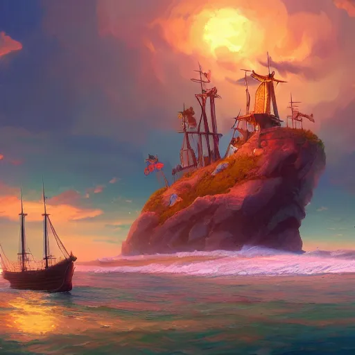 Image similar to a painting of an island with a pirate ship near it, a detailed matte painting, by RHADS, cgsociety, fantasy art, matte painting, artstation hq, matte drawing, by makoto shinkai and Beeple Jorge Jacinto ,Tyler Edlin, philipsue on artstation