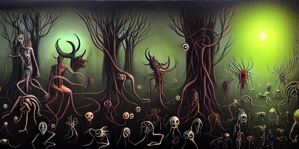 Image similar to creatures lurking in the collective unconscious, in a dark surreal painting by ronny khalil