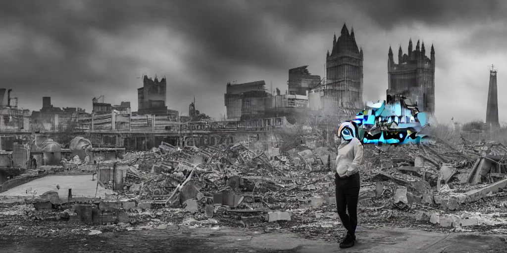 Image similar to a portrait of Boris Johnson standing in front a nuclear landscape of the southbank centre in london, the london eye and big ben are still standing, collapsed brutalist architecture, groups of human figures stagger amongst the ruins, fog, dust atmosphere, brooding clouds, mushroom cloud, detailed, 4k