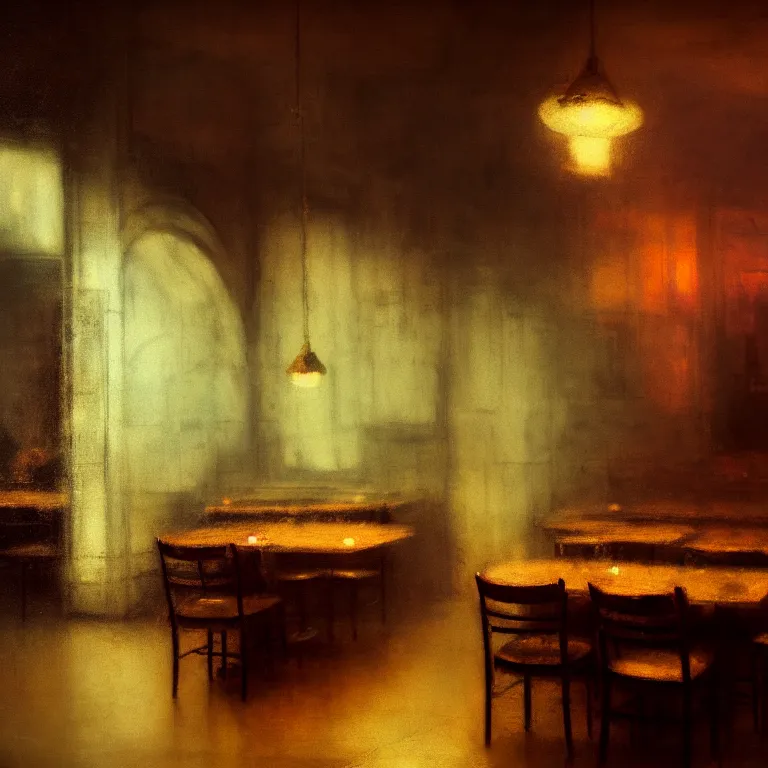 Prompt: interior of pizzeria by jeremy mann, soft grainy bloom lucid dream - like atmosphere, harsh flash photo, baroque portrait painting, perfect composition, detailed octane render trending on artstation, 8 k artistic photography, volumetric cinematic perfect light, chiaroscuro, masterpiece, raphael, caravaggio, beksinski, rutkowski, beeple