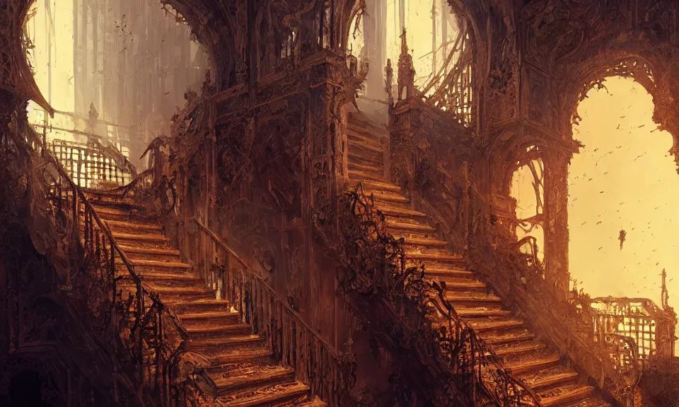 Image similar to stairs from hell to heaven, flames, heavens, beautiful, intricate detail, intricate, epic, vast, digital painting by greg rutkowski, artstation, very detailed, cinematic lighting, concept art