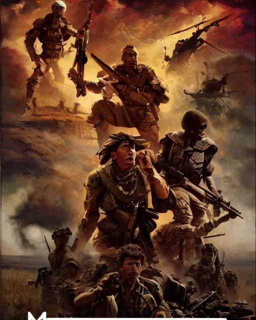 Image similar to Movie poster of the invasion of Mali, Highly Detailed, Dramatic, Heroes, A master piece of storytelling, wide angle, cinematic shot, Violent, highly detailed, cinematic lighting, by frank frazetta + ilya repin , 8k, hd, high resolution print